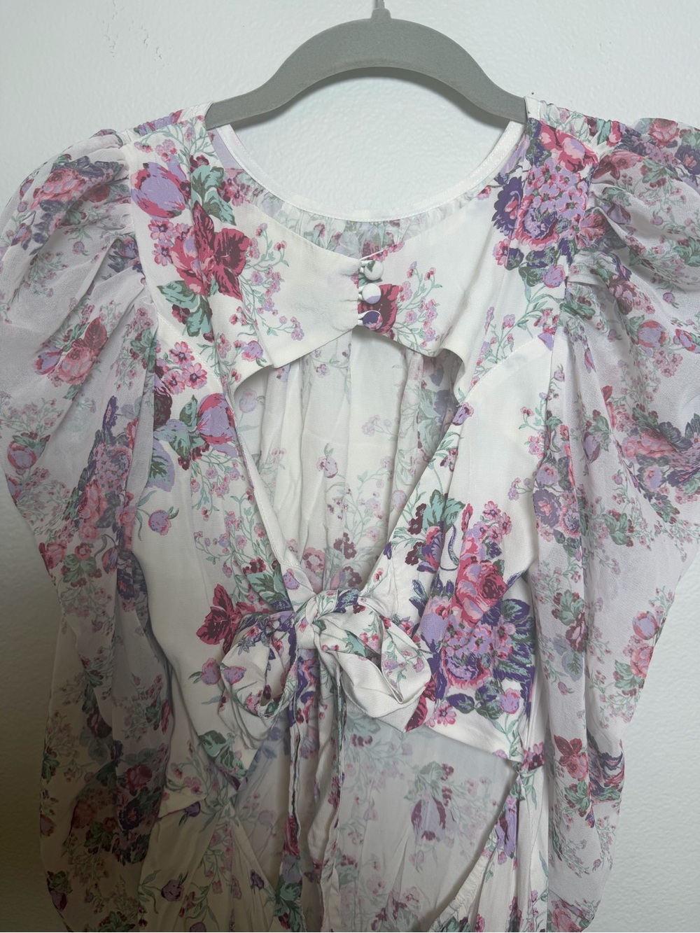 For Love & Lemons White Midi w/ Pink & Purple Floral Print Ruching & Open Back S - Picture 9 of 14